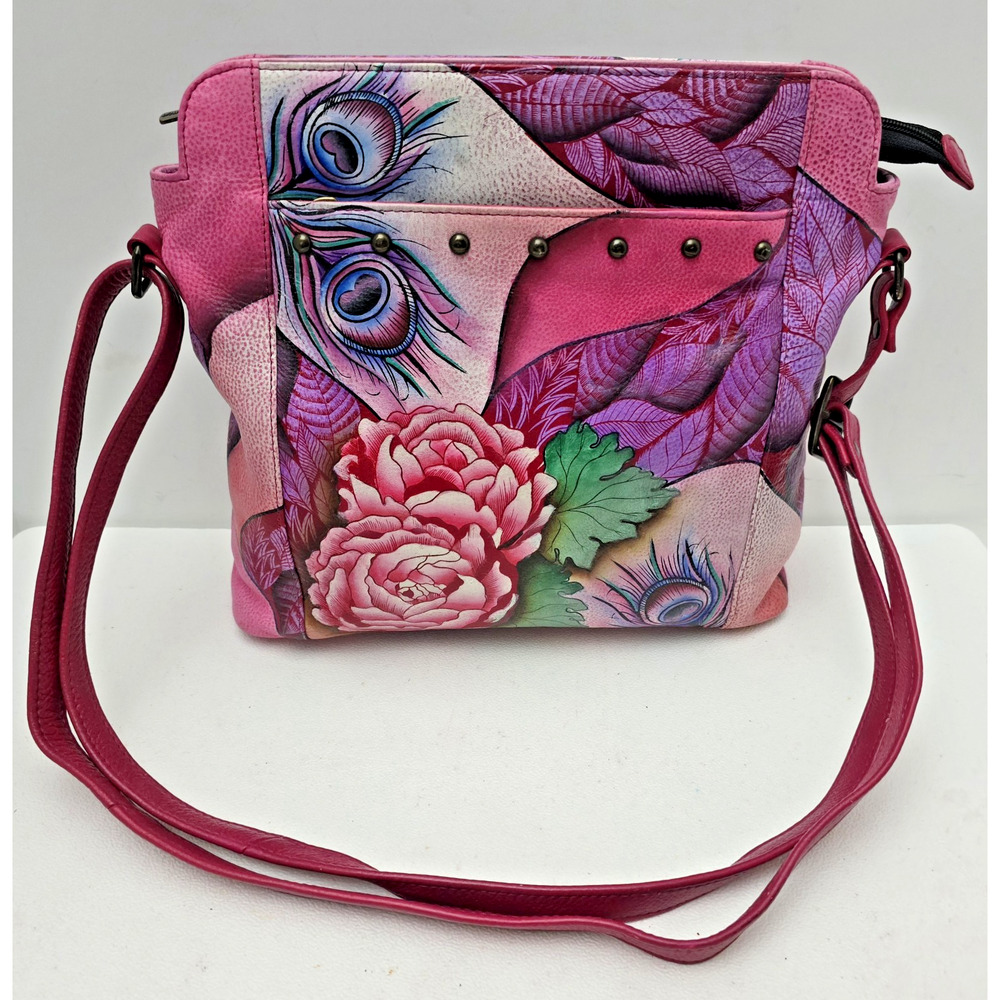 Anuschka Peacock/Rose Hand Painted Leather Crossbody/Shoulder Bag-Rosie Reverie